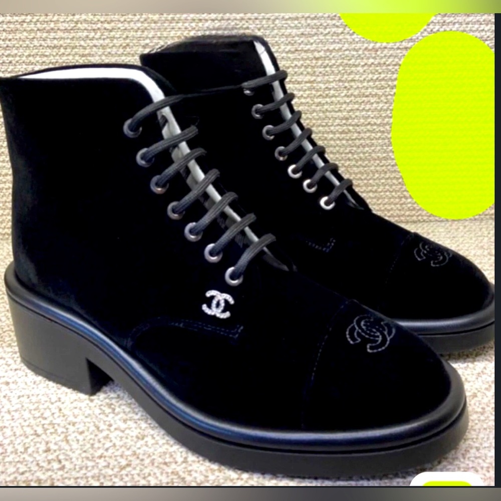Chanel logo black combat ankle boots